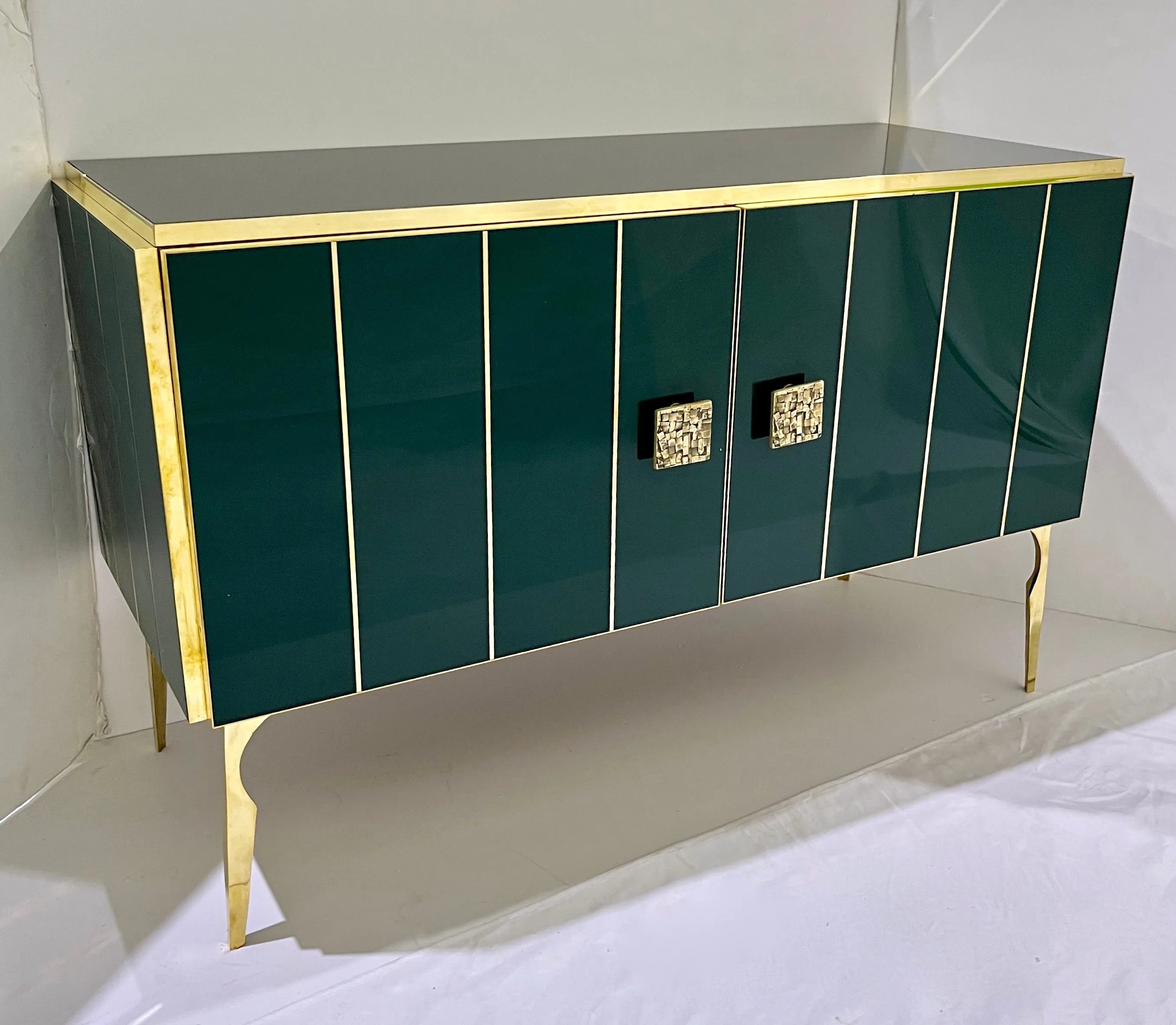 Modern Italian Custom Art Deco Style Hunter Green Black Glass Brass Cabinet /Bar