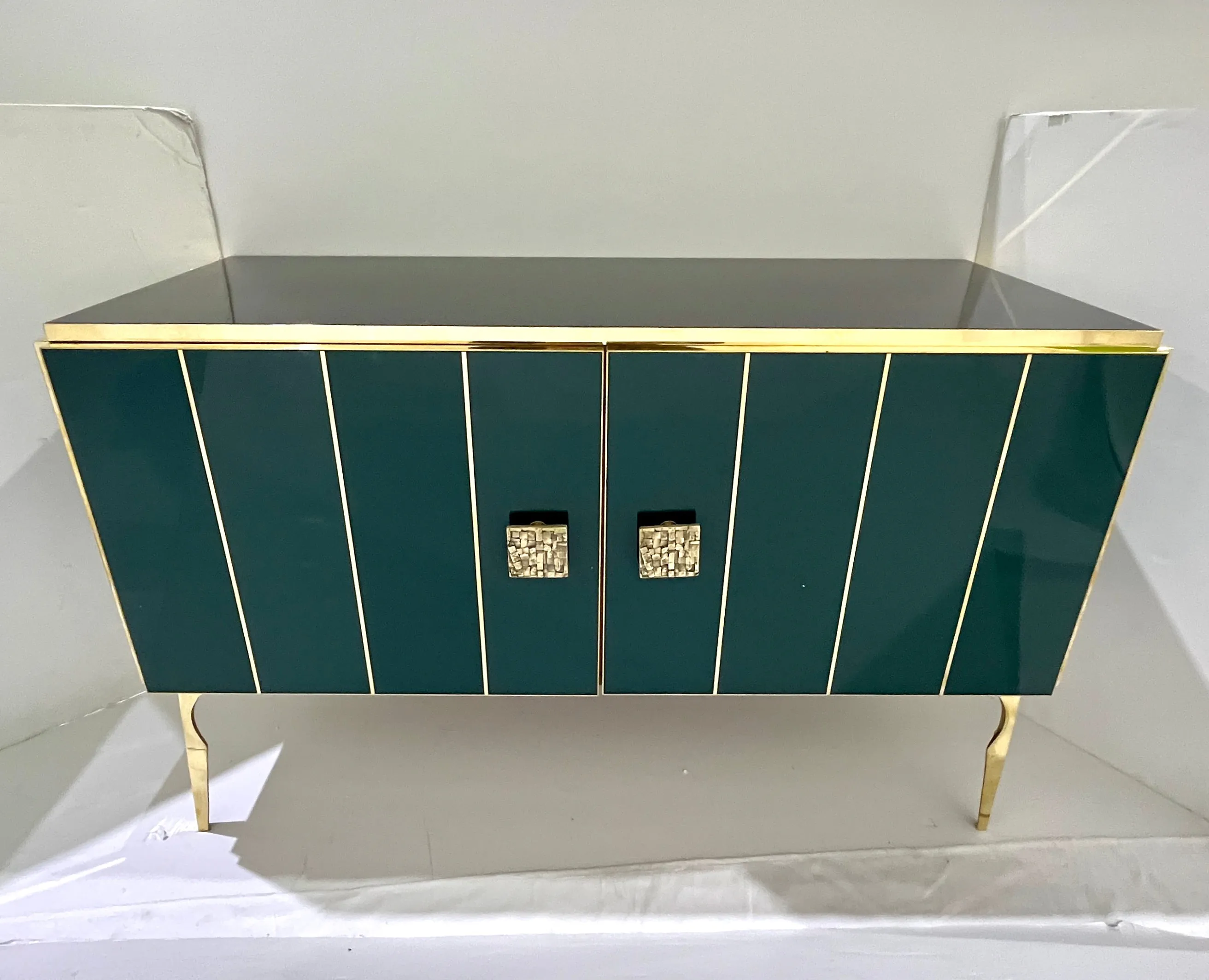 Modern Italian Custom Art Deco Style Hunter Green Black Glass Brass Cabinet /Bar