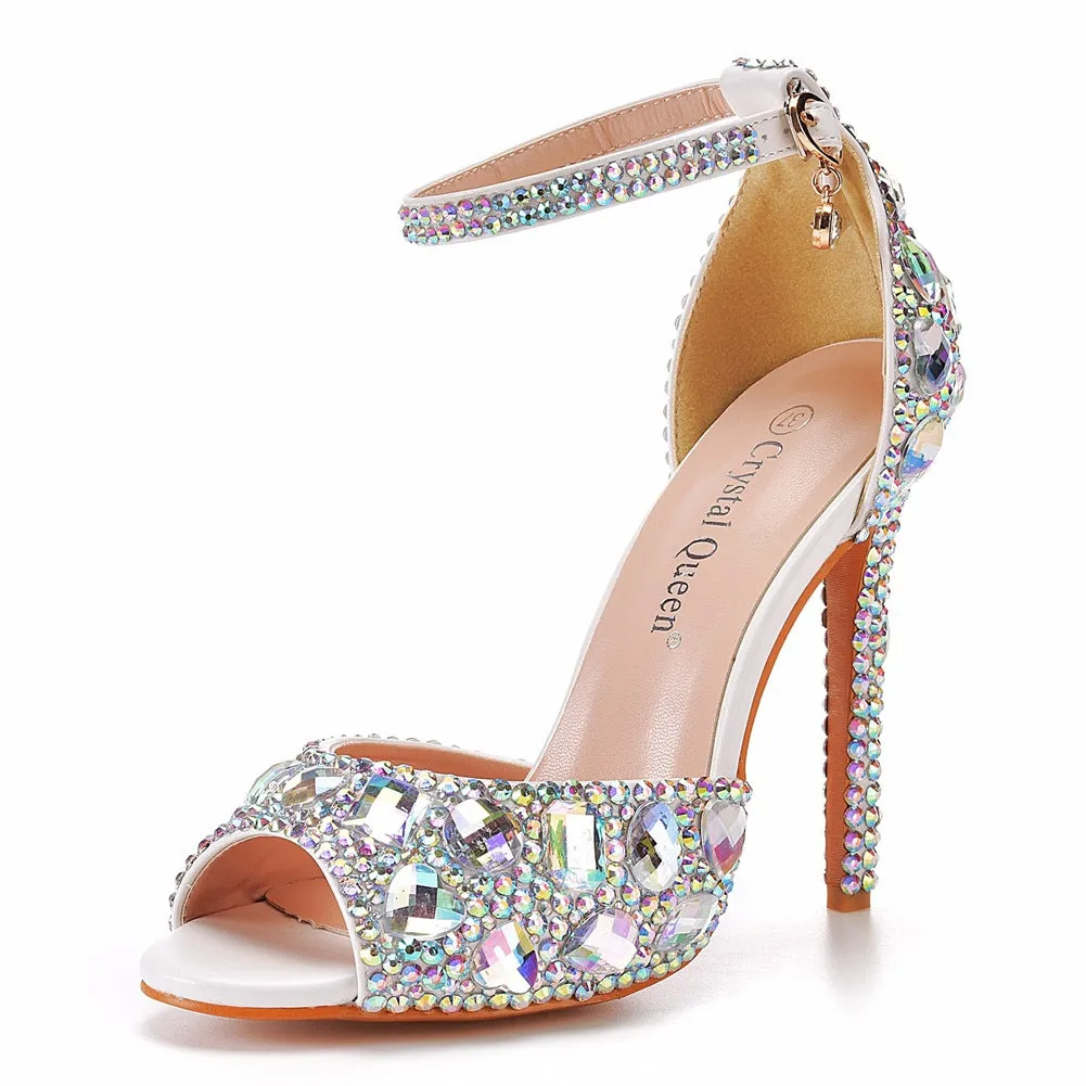 Peep Toe Big Colored Rhinestones Ankle Strap Stiletto Heels