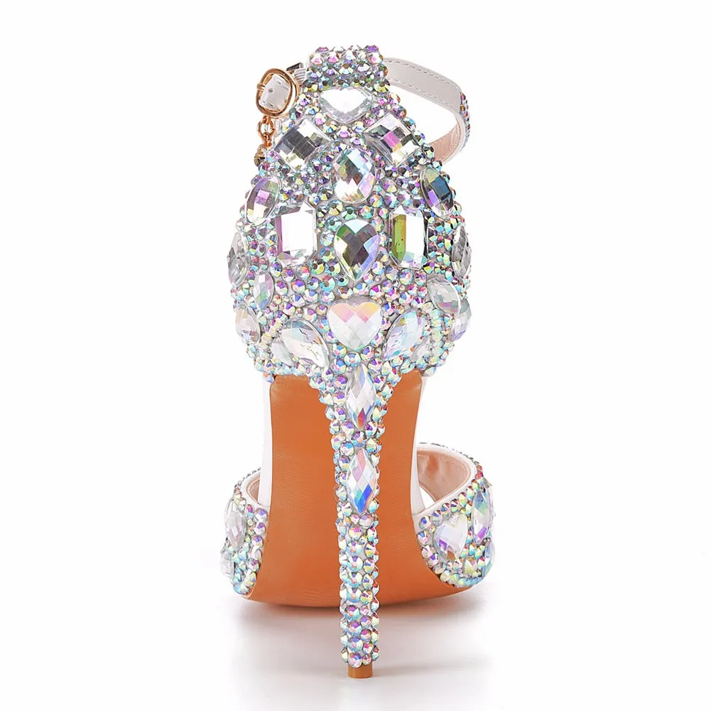 Peep Toe Big Colored Rhinestones Ankle Strap Stiletto Heels