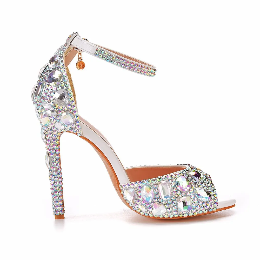 Peep Toe Big Colored Rhinestones Ankle Strap Stiletto Heels