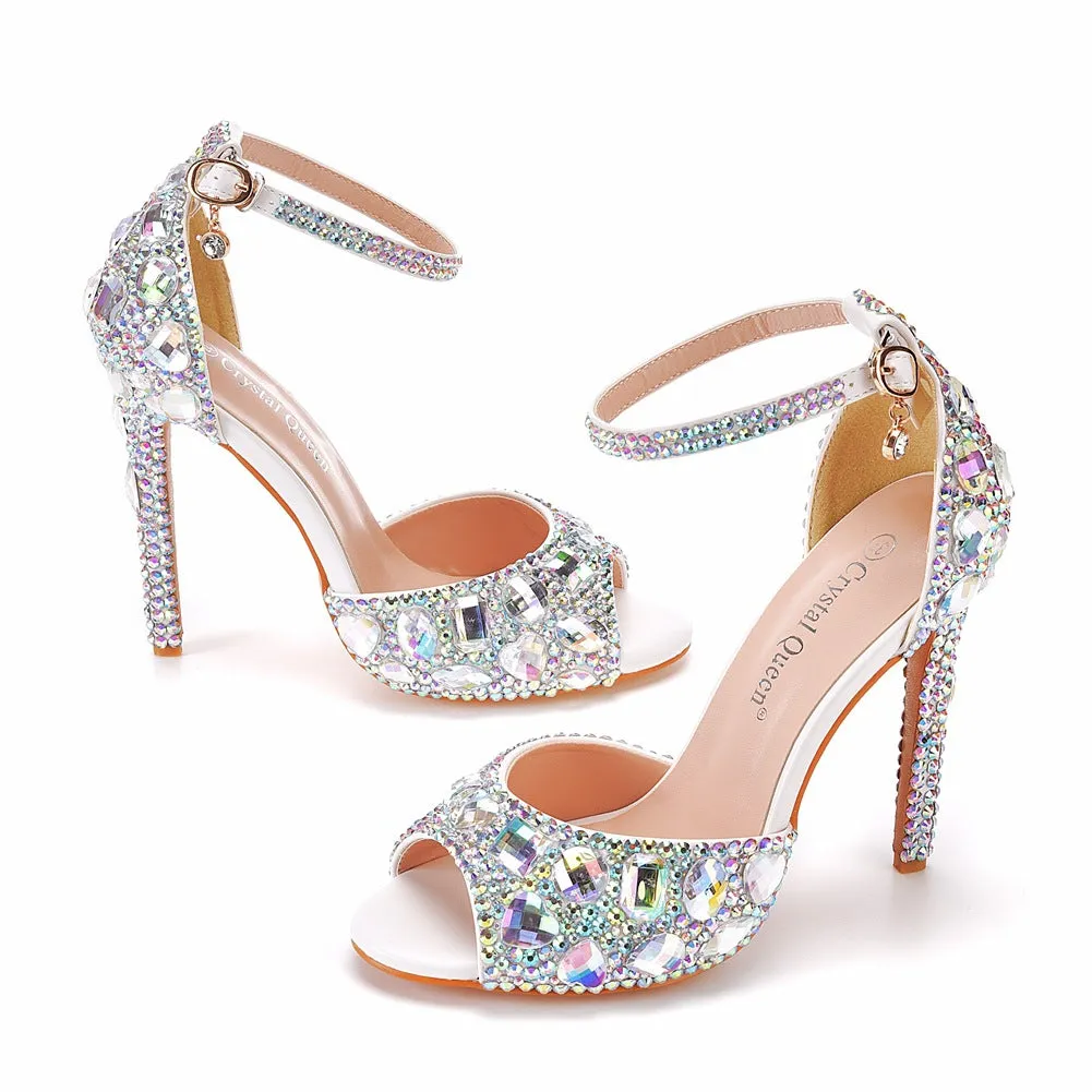 Peep Toe Big Colored Rhinestones Ankle Strap Stiletto Heels