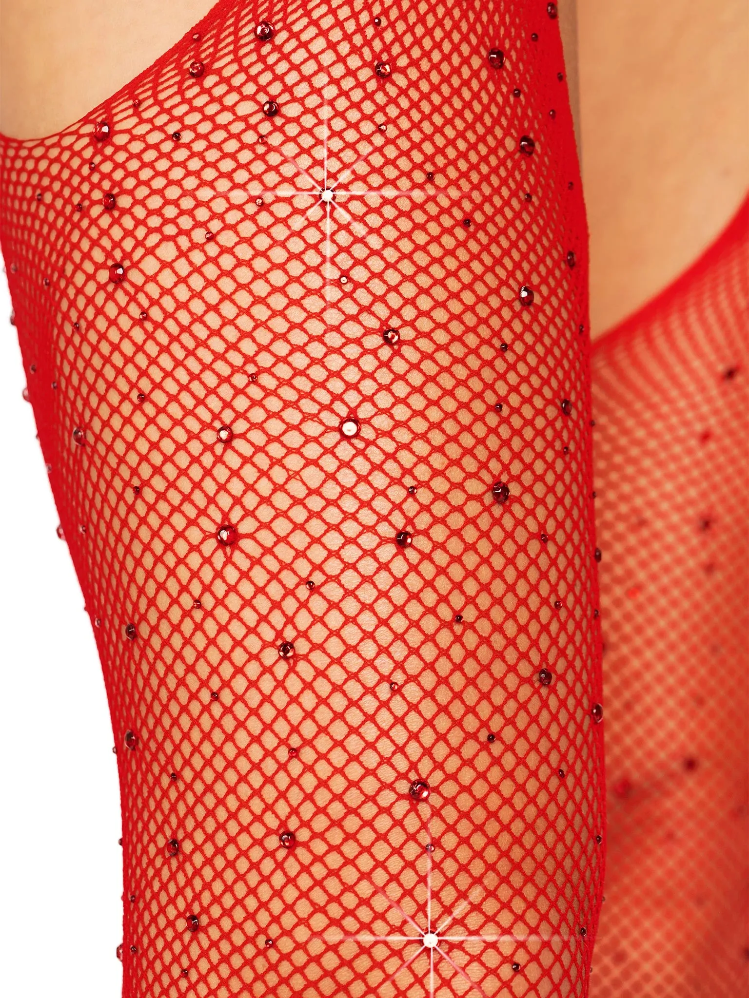 Rhinestone Fishnet Suspender Hose in Red