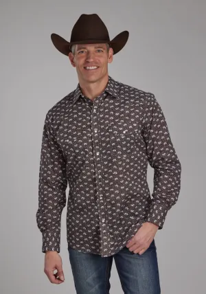 Roper Mens Floral Print Brown/Cream Cotton Blend L/S Shirt