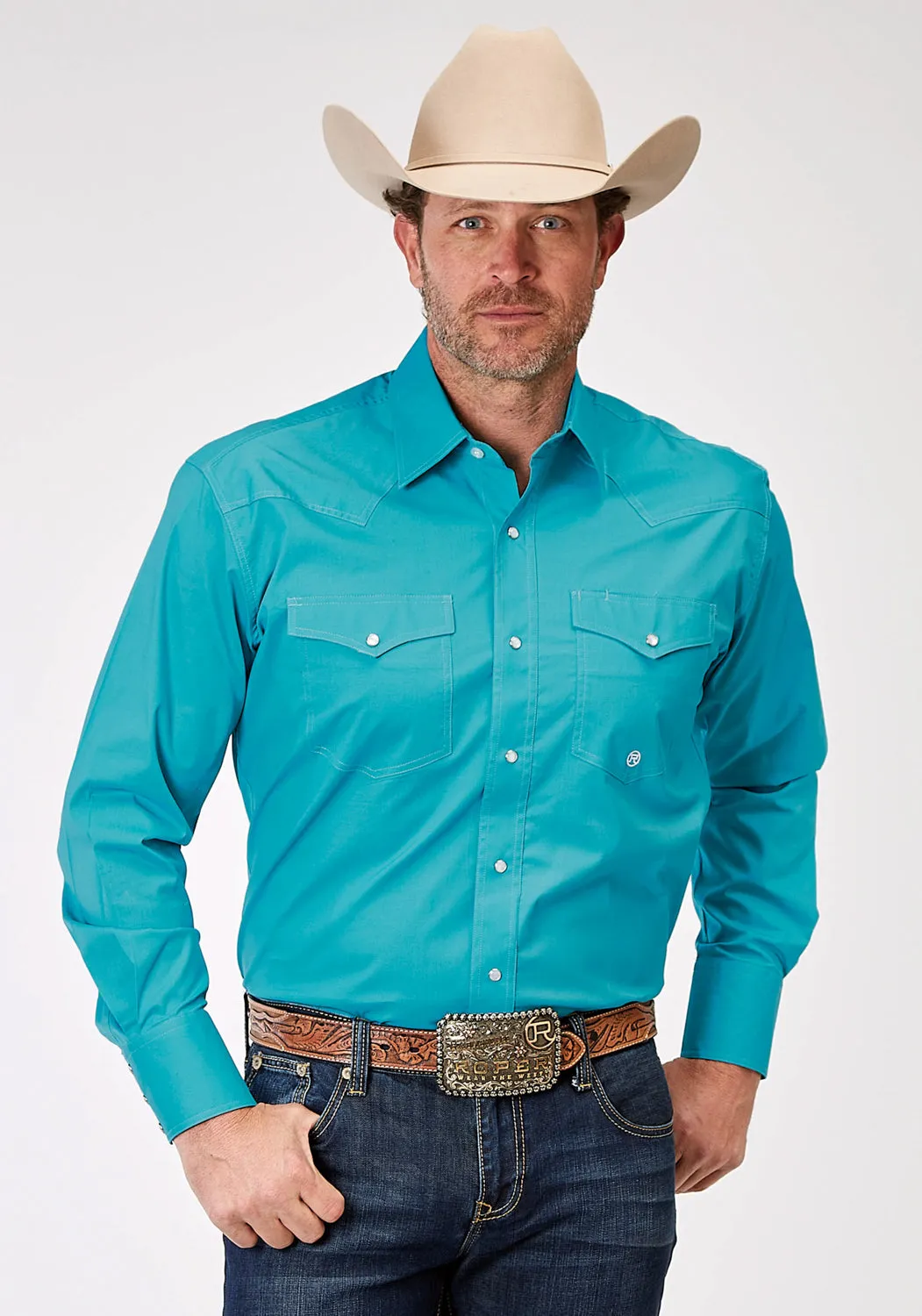 Roper Mens Stretch Poplin Turquoise Cotton Blend Tall L/S Shirt