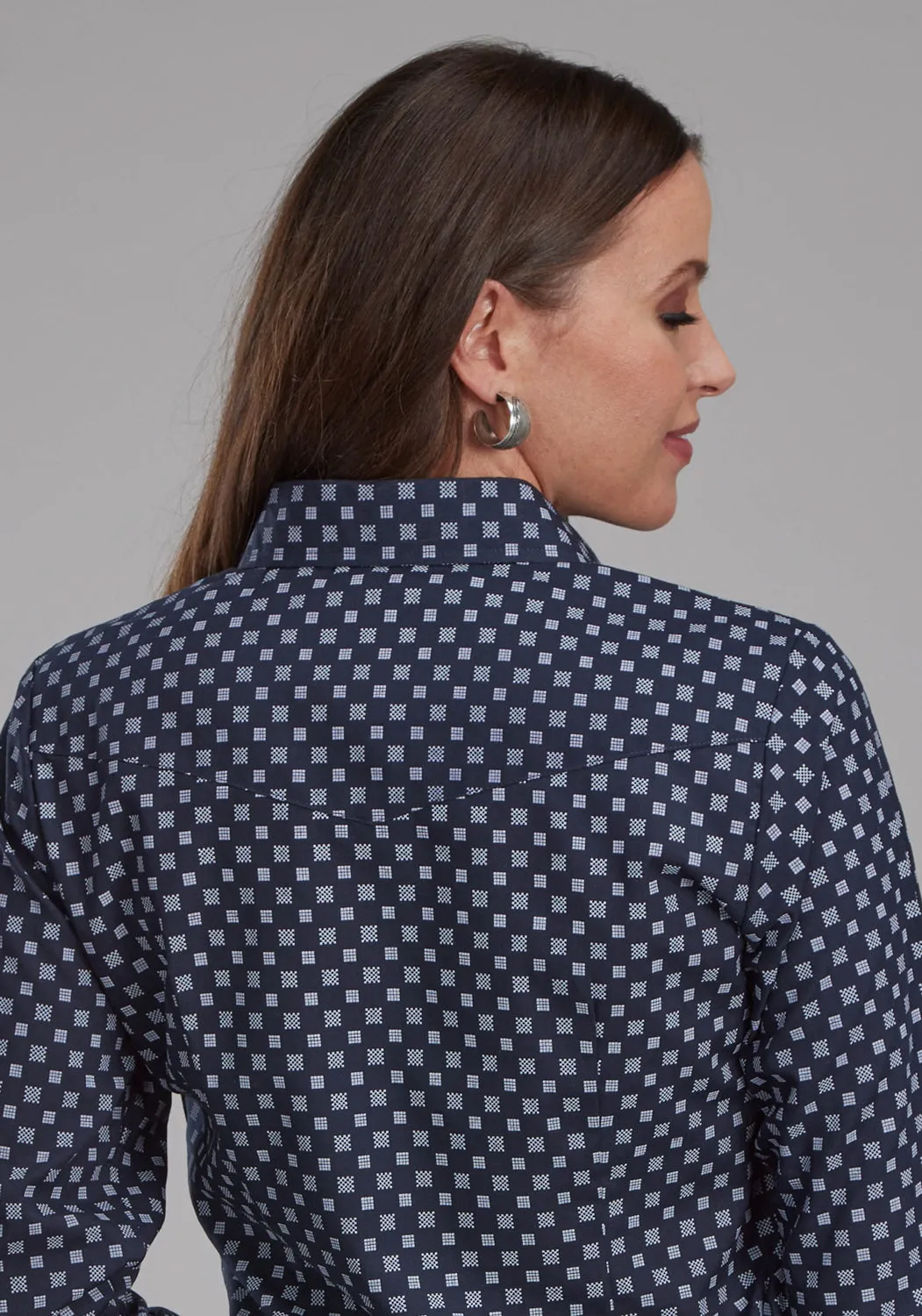 Roper Womens 2284 Squares Navy/White Cotton Blend L/S Shirt