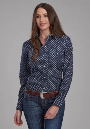 Roper Womens 2284 Squares Navy/White Cotton Blend L/S Shirt