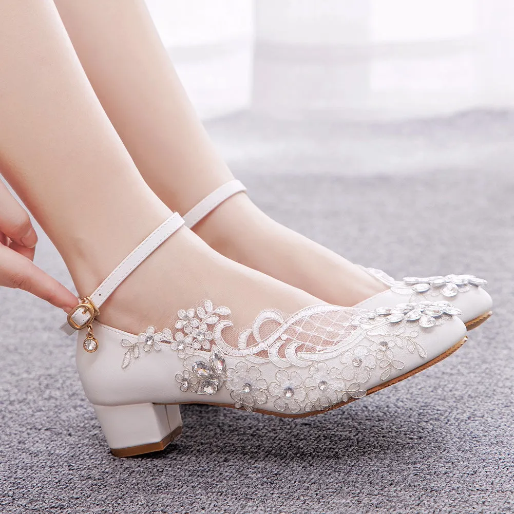 Round Toe Lace Rhinestones Ankle Strap Chunky Heel Wedding Shoes