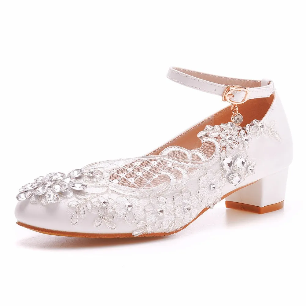 Round Toe Lace Rhinestones Ankle Strap Chunky Heel Wedding Shoes