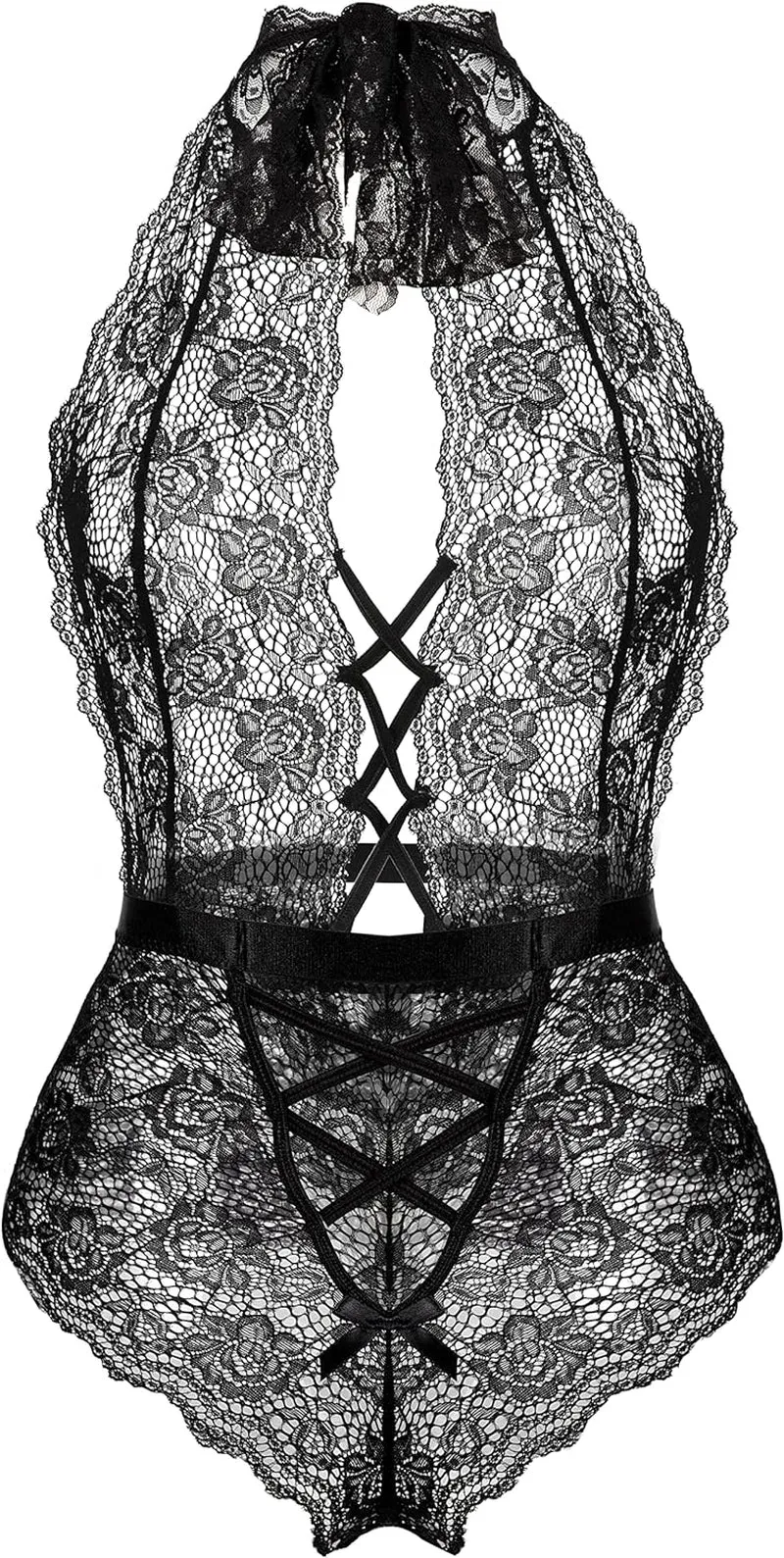 Sexy Lace Deep V Neck Bodysuit Teddy Lingerie - Black