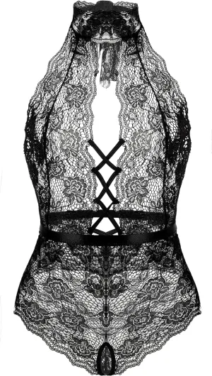 Sexy Lace Deep V Neck Bodysuit Teddy Lingerie - Black