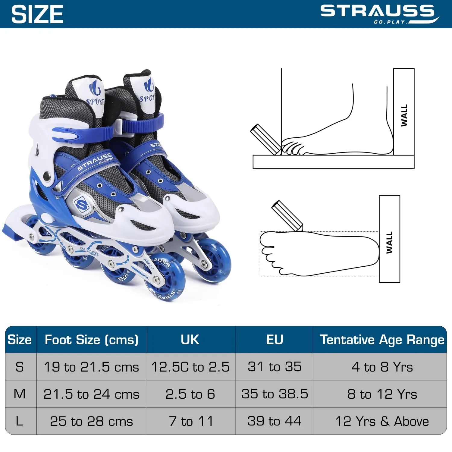 STRAUSS Vortex Adjustable Size Inline Skates | Skating Shoes for Boys & Girls | 4 Wheels |Beginner-Friendly Skating Shoe | Adjustable Roller Blades | Enhanced Stability and Support| Size L,(Blue)