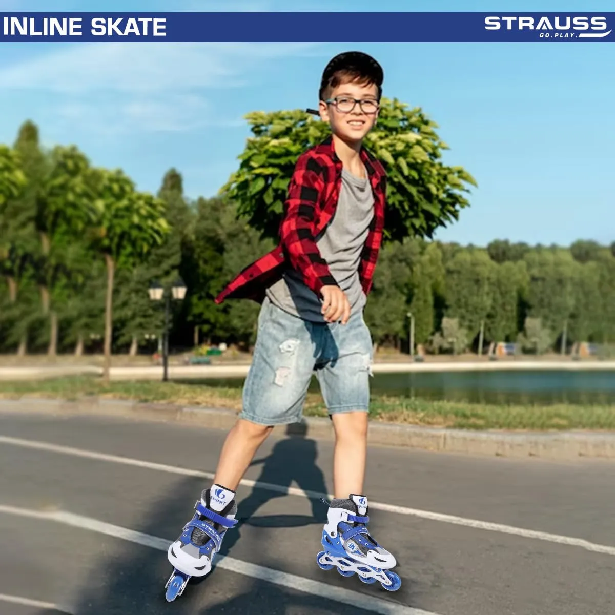 STRAUSS Vortex Adjustable Size Inline Skates | Skating Shoes for Boys & Girls | 4 Wheels |Beginner-Friendly Skating Shoe | Adjustable Roller Blades | Enhanced Stability and Support| Size L,(Blue)