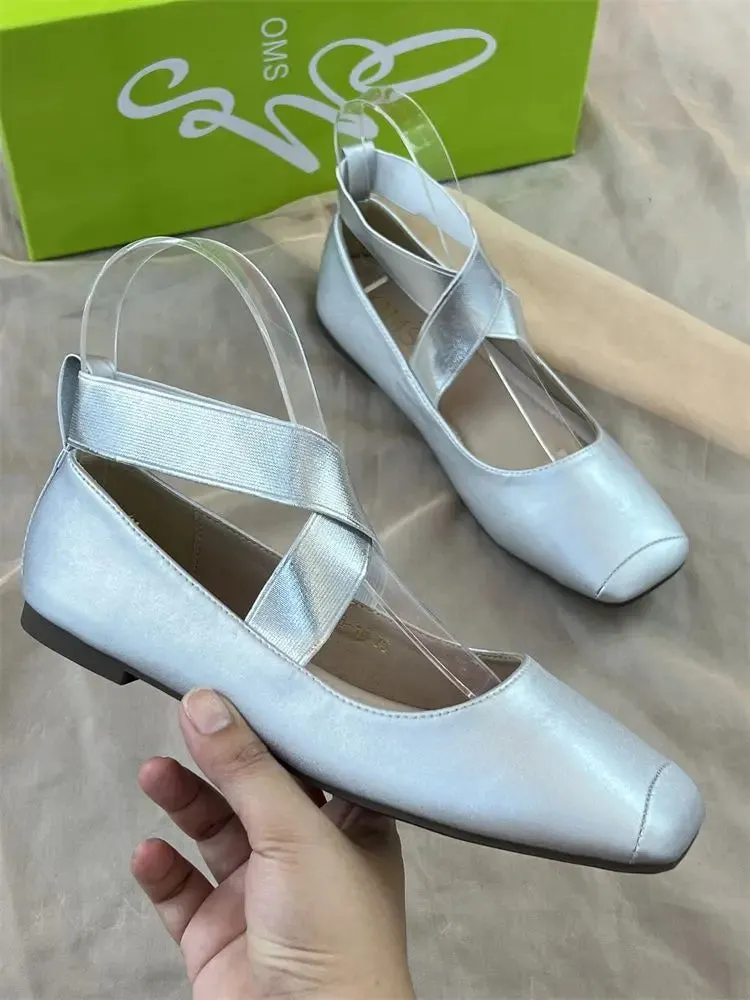 TAVIMART  -  Cross Tie Ballet Flats Shoes Square Toe Elegant Woman Heeled Shoes Mary Jane PU Leather Shallow Casual Ladies Shoes on Offer New