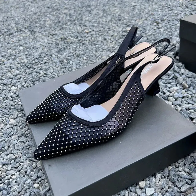 TAVIMART  -  Mesh Heeled Sandals Women Shoes Pointed Toe Transaprent Black Elegant Pumps Summer Party Luxury Ladies Shoes 2024