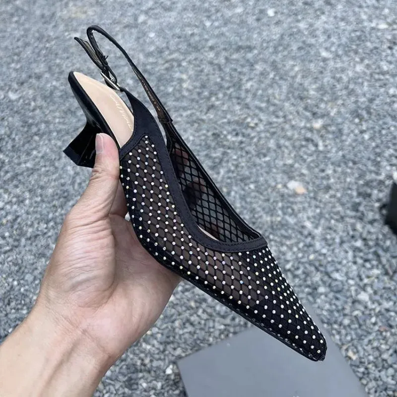 TAVIMART  -  Mesh Heeled Sandals Women Shoes Pointed Toe Transaprent Black Elegant Pumps Summer Party Luxury Ladies Shoes 2024