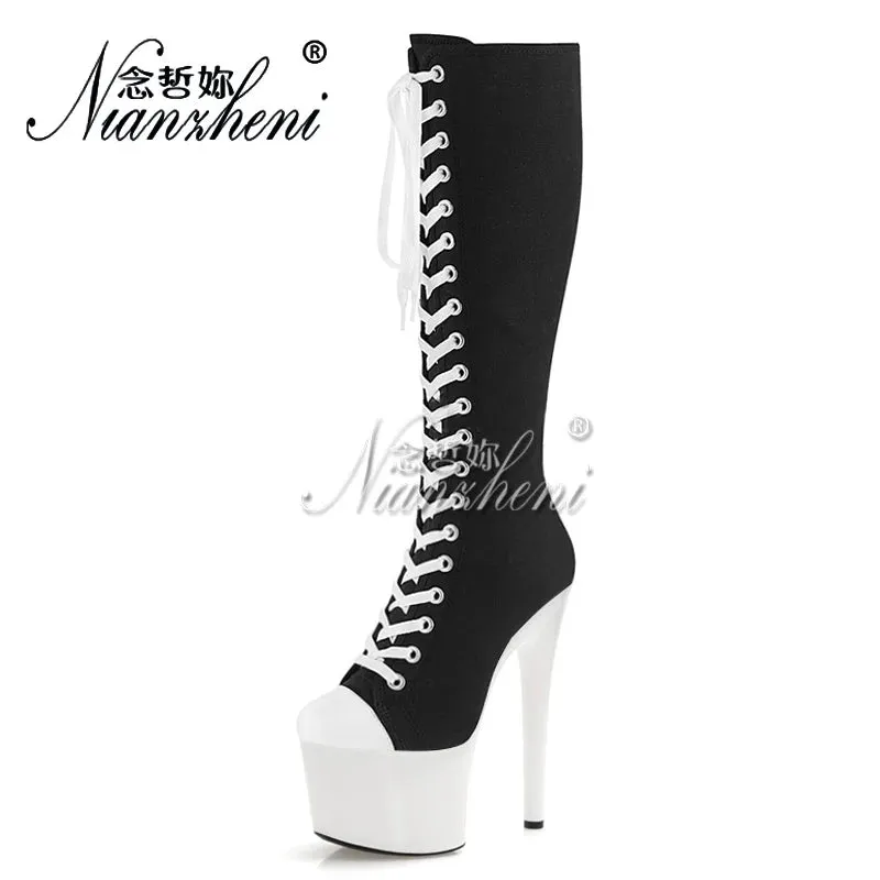 Trendy Retro Black And White Platform Mid Calf Boots