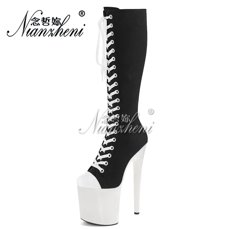 Trendy Retro Black And White Platform Mid Calf Boots