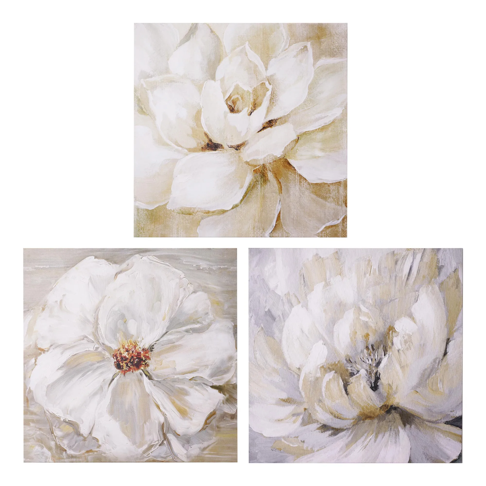 White Floral Canvas Wall Art Print Set of 3 - 16" x 16"