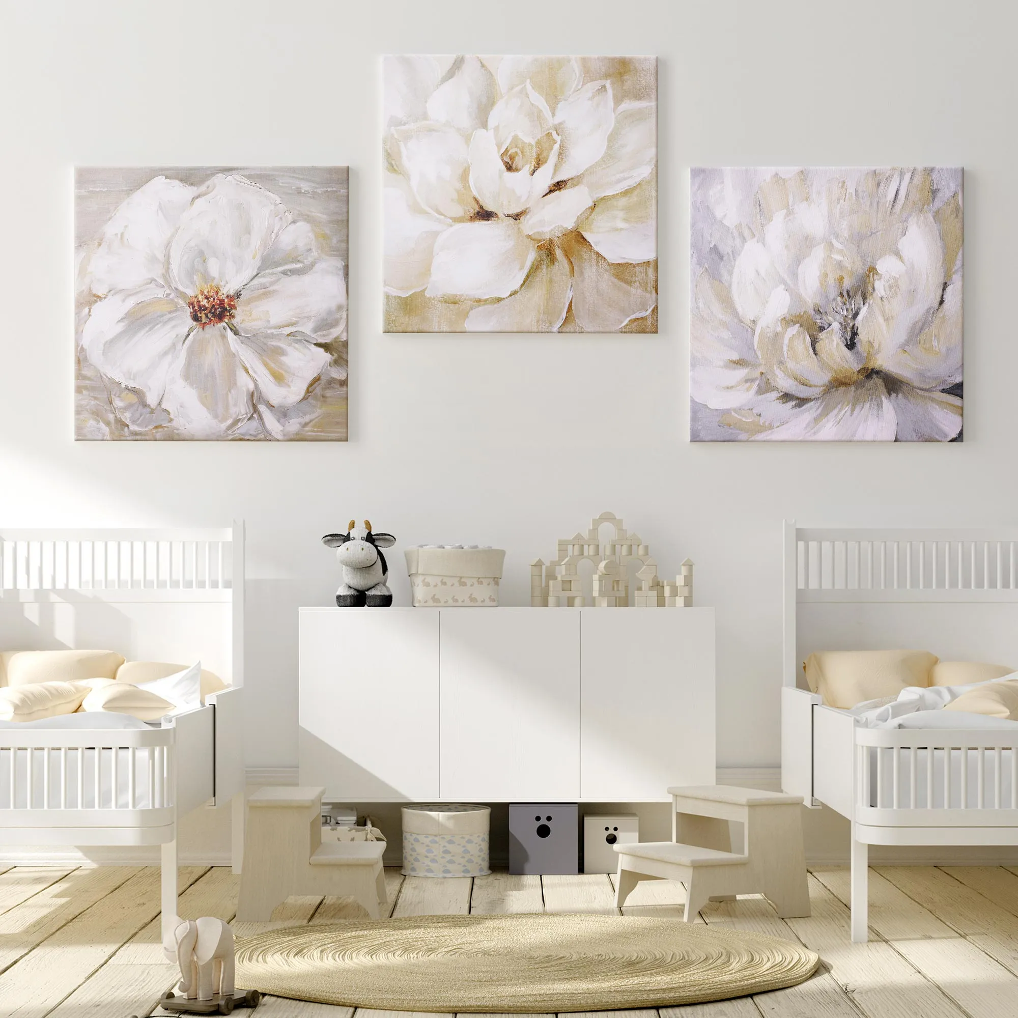 White Floral Canvas Wall Art Print Set of 3 - 16" x 16"