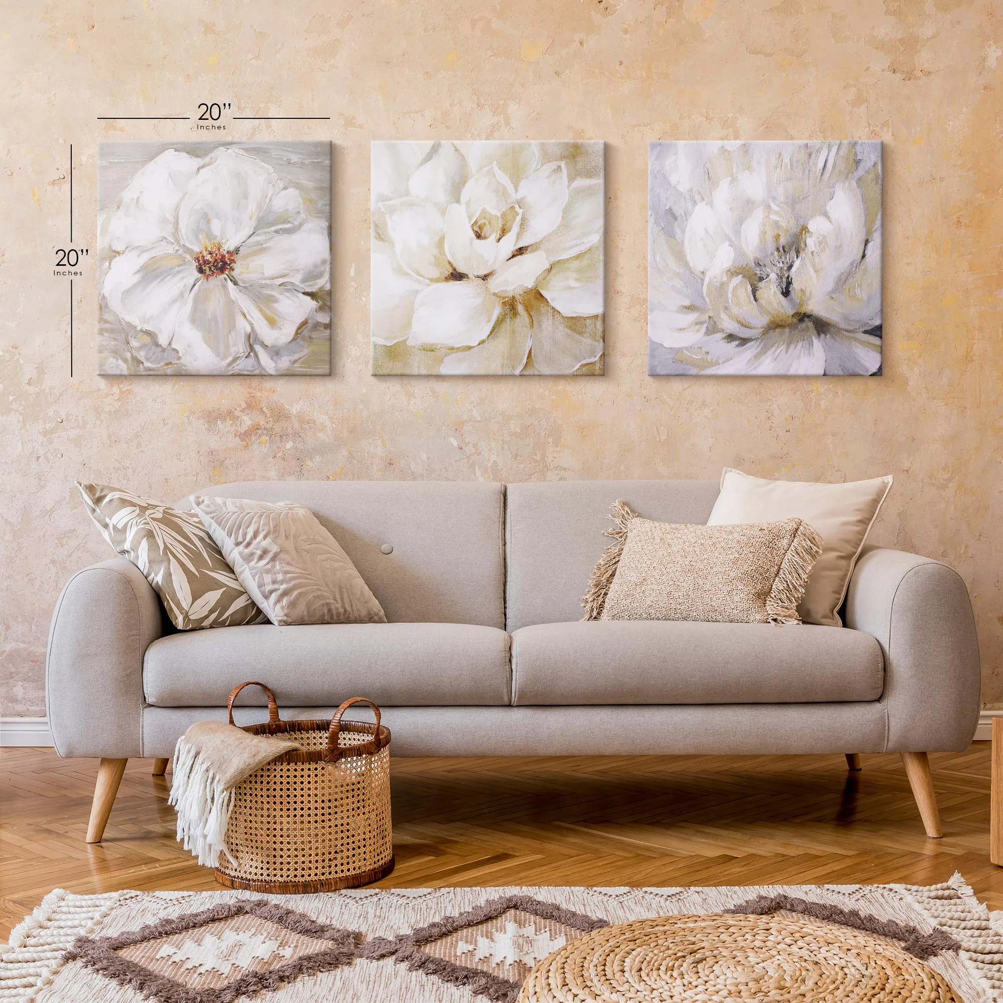 White Floral Canvas Wall Art Print Set of 3 - 16" x 16"