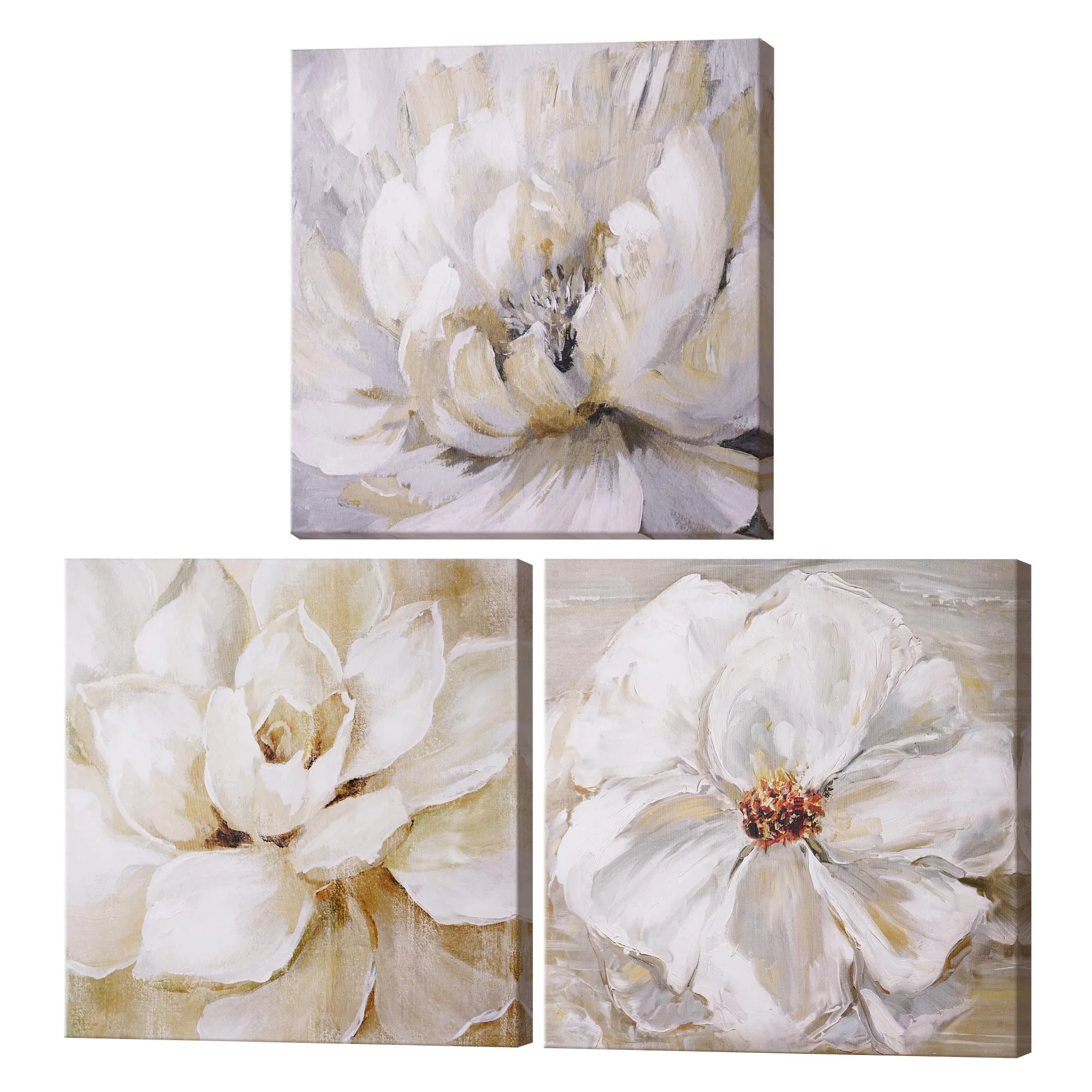 White Floral Canvas Wall Art Print Set of 3 - 16" x 16"