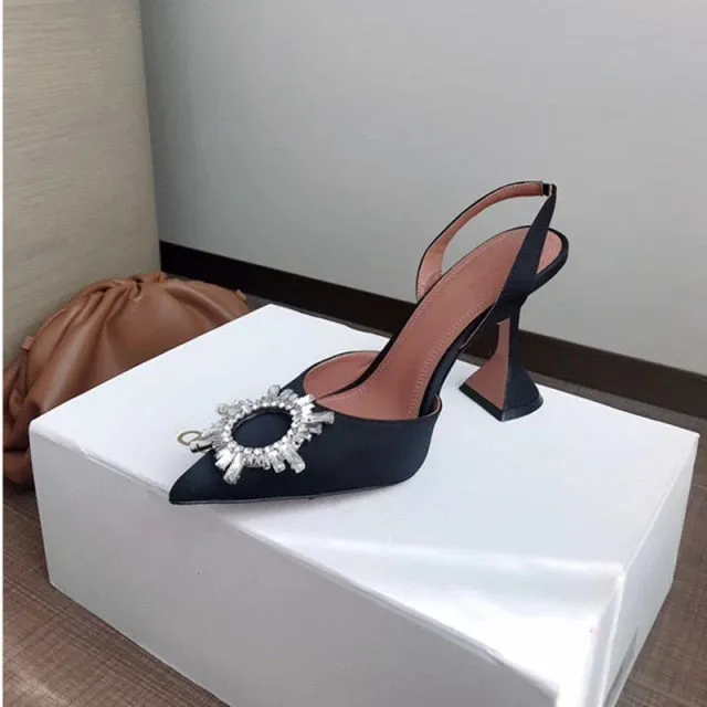 Yeknu Brand women Pumps luxury Crystal Slingback High heels Summer bride Shoes Comfortable triangle Heeled Party Wedding Shoes