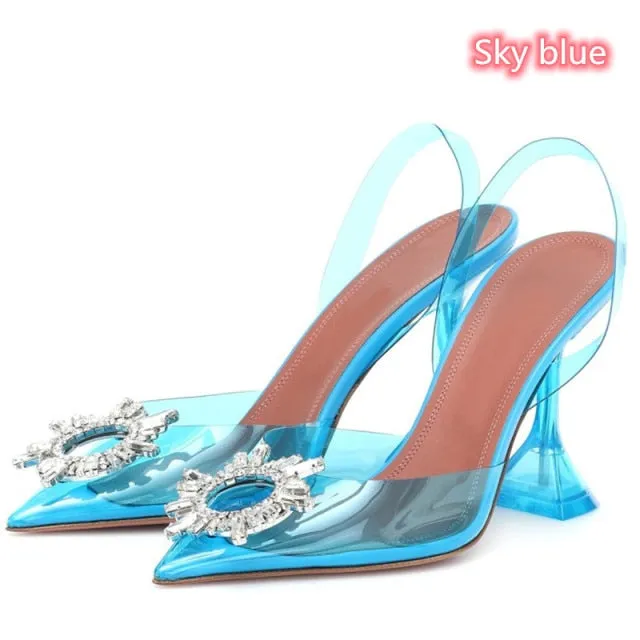 Yeknu Brand women Pumps luxury Crystal Slingback High heels Summer bride Shoes Comfortable triangle Heeled Party Wedding Shoes