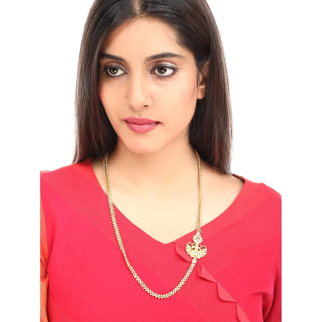 Yellow Chimes Classic AD/American Diamond Studded Gold Plated Necklace Lakshmi Mugappu Mopu Chain Thali chain Design with side Mugappu for Women and Girls